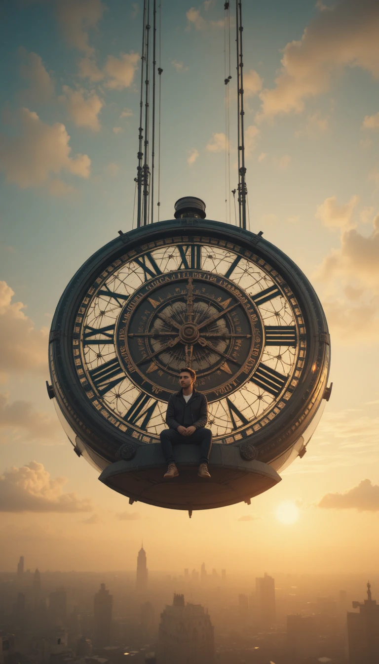 Homme assis sur un immense cadran d’horloge au ciel de coucher de soleil