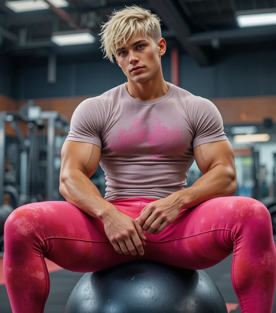 Tanned muscular blond man sitting on a gym ball