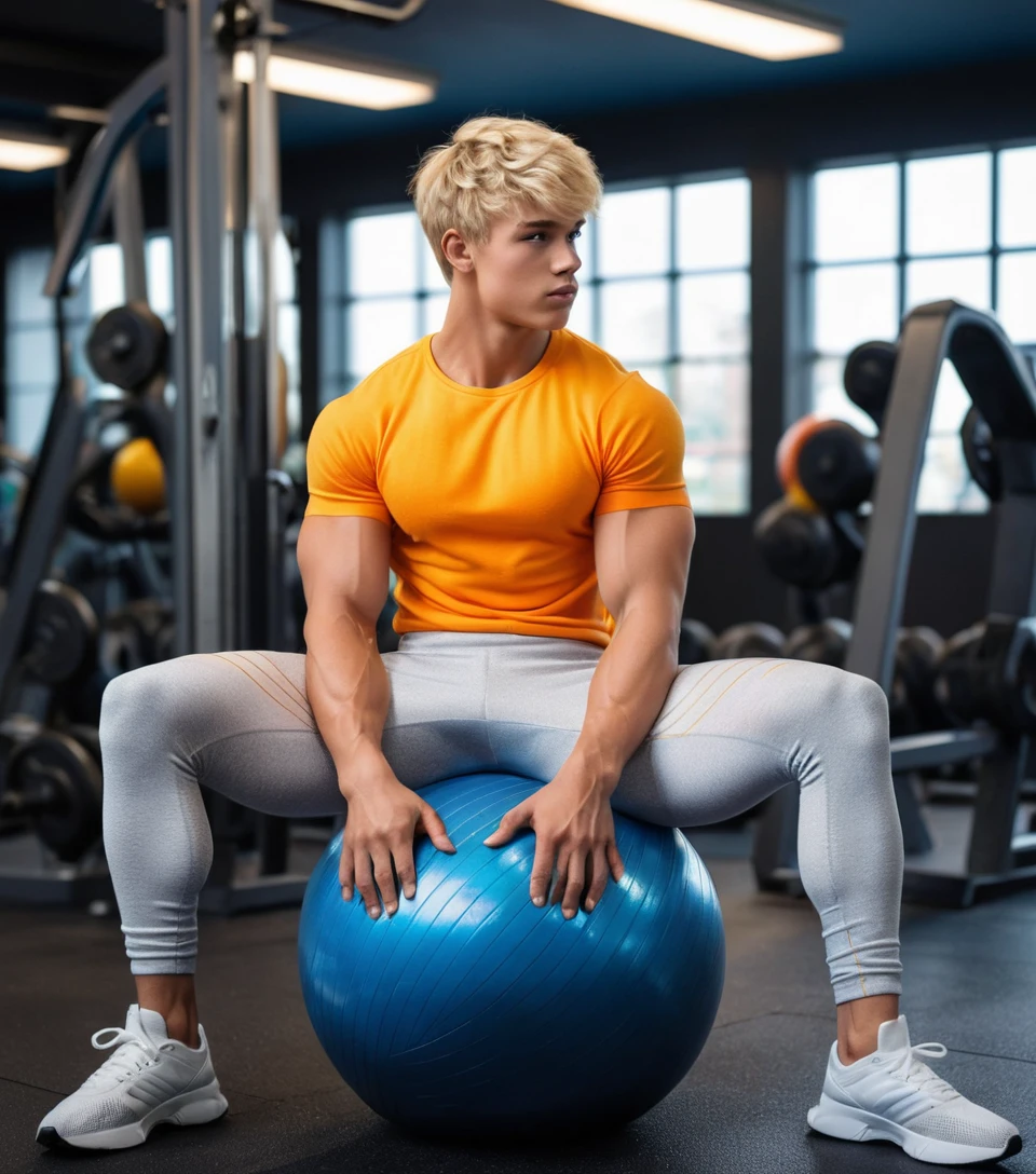 Tanned muscular blonde man sitting on a gym ball