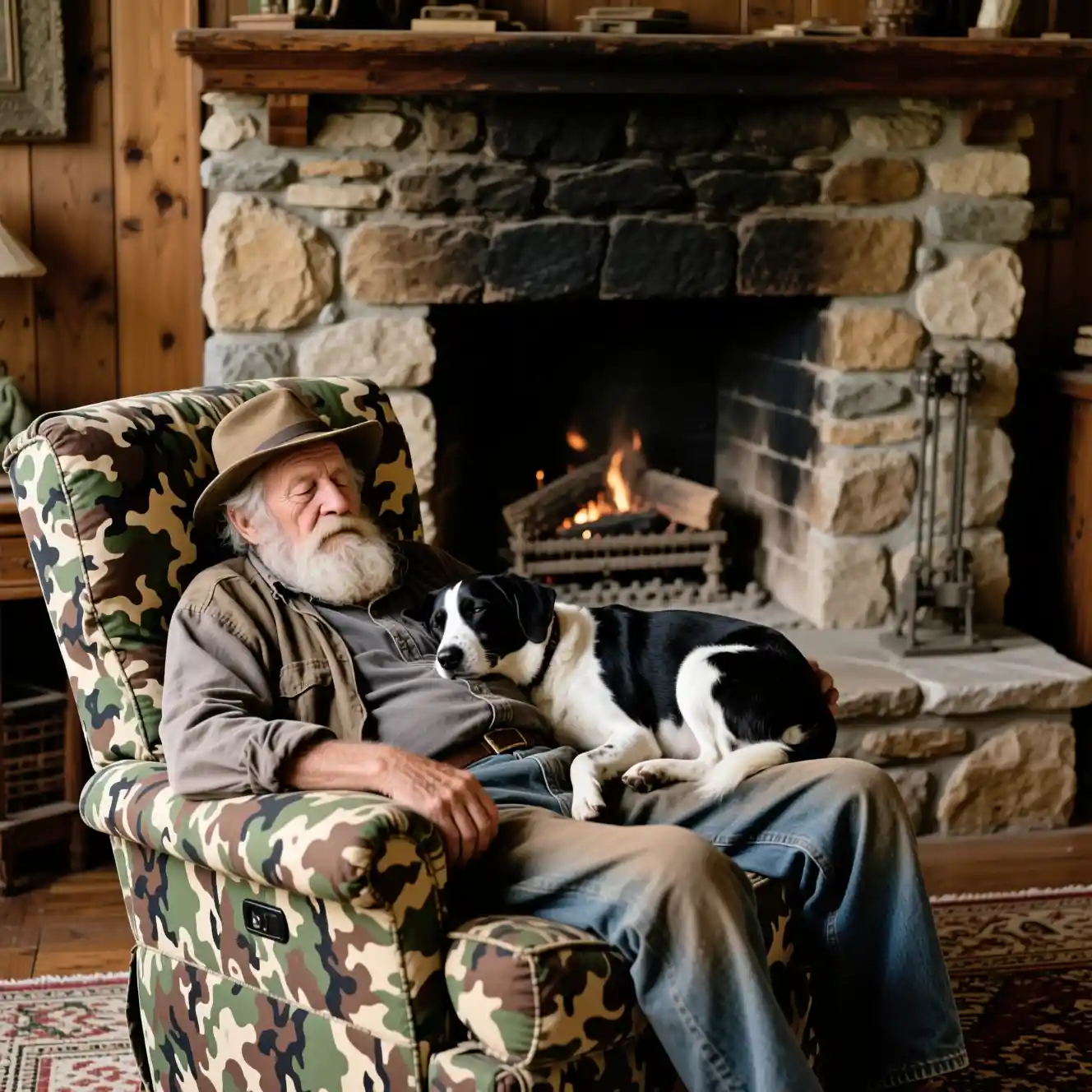 Old man napping in recliner beside dog by stone fireplace