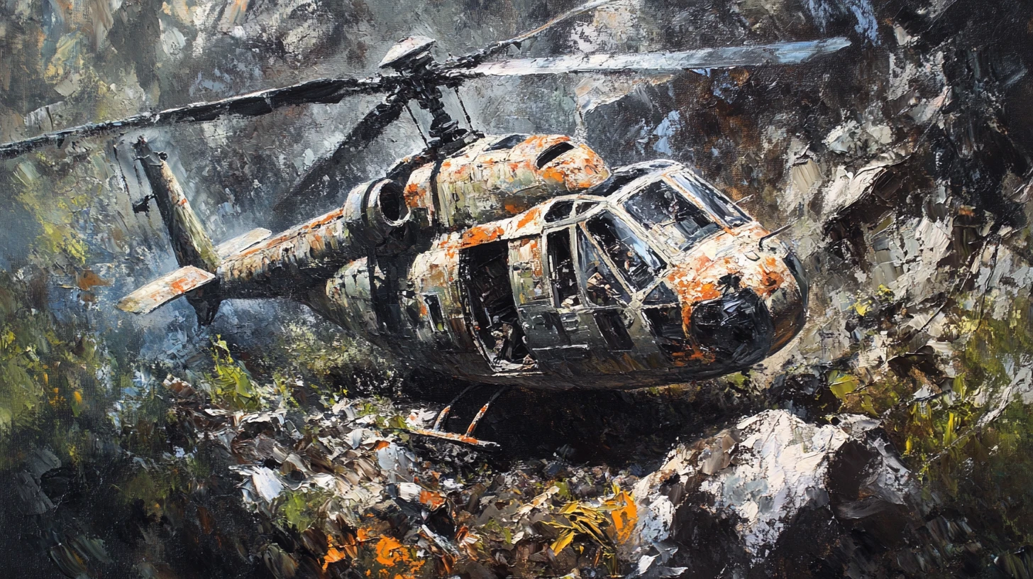 Dipinto a olio di un elicottero da guerra distrutto in una landa rocciosa