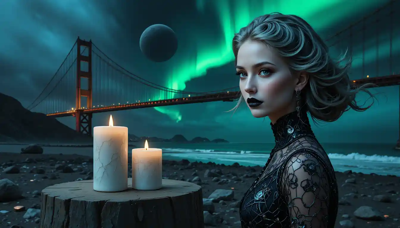 Dramatic ocean bridge scene with glowing distant horizon