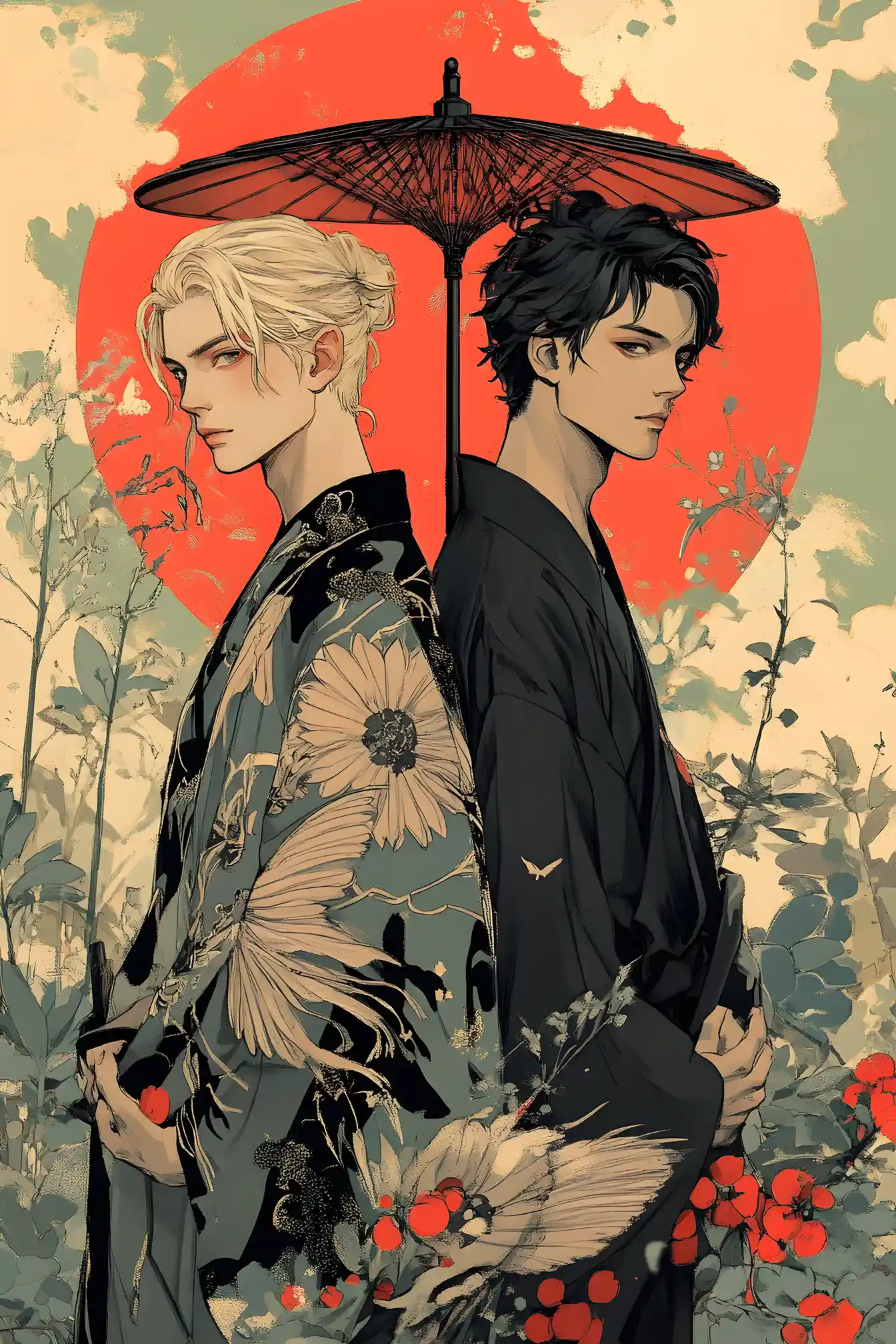 Two men in horse kimono within a red Japanese garden