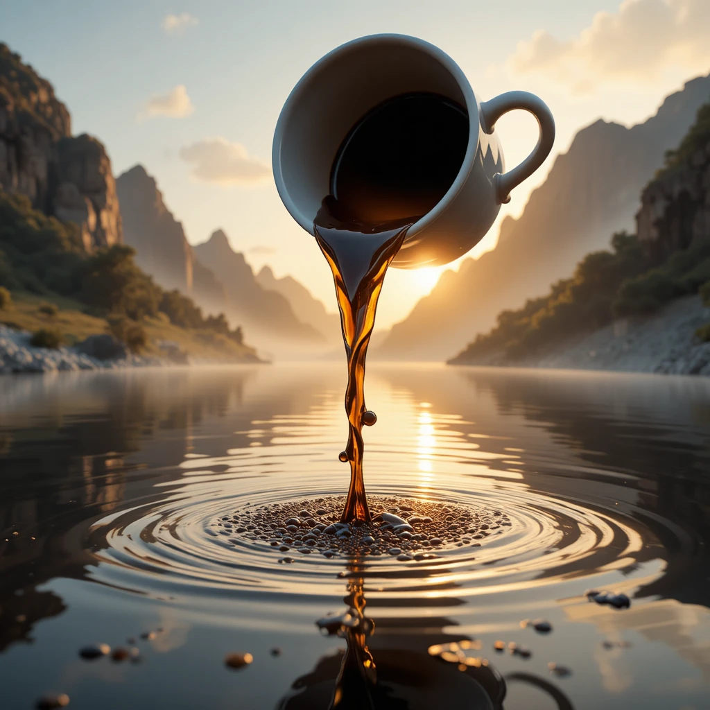 Taza de café gigante vertiéndose en un lago tranquilo y reflectante