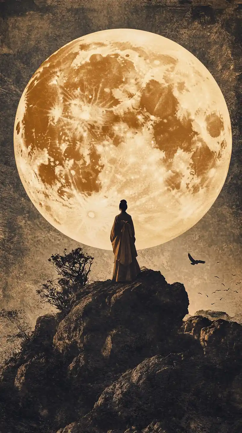 Donna in abiti tradizionali di fronte a una luminosa luna dorata