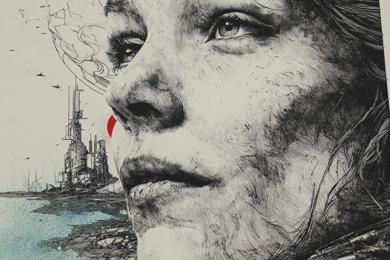Primo piano di una donna spezzata accanto a un’acqua aliena