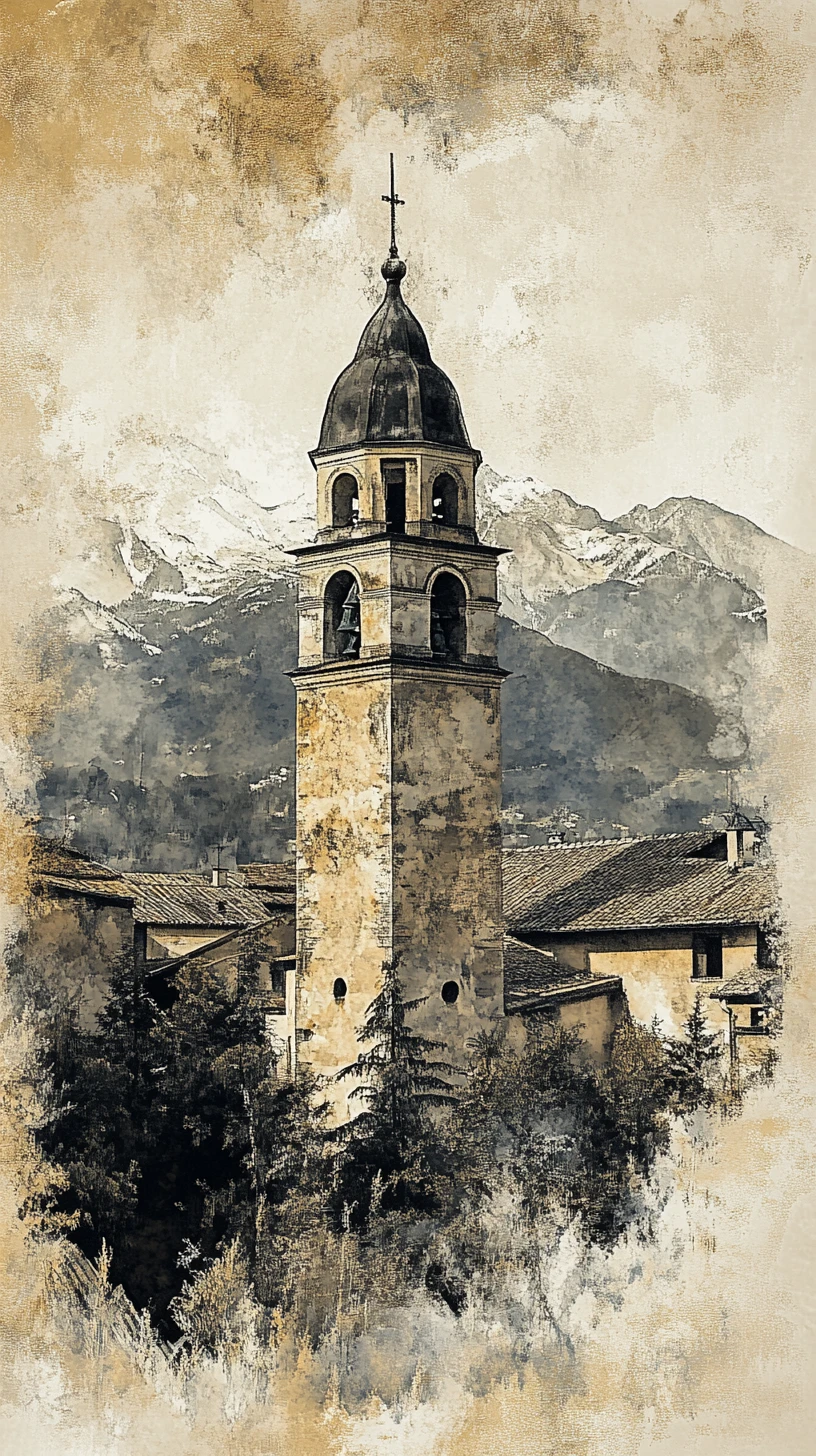 Vecchio campanile di villaggio in vista acquerello seppia sbiadita