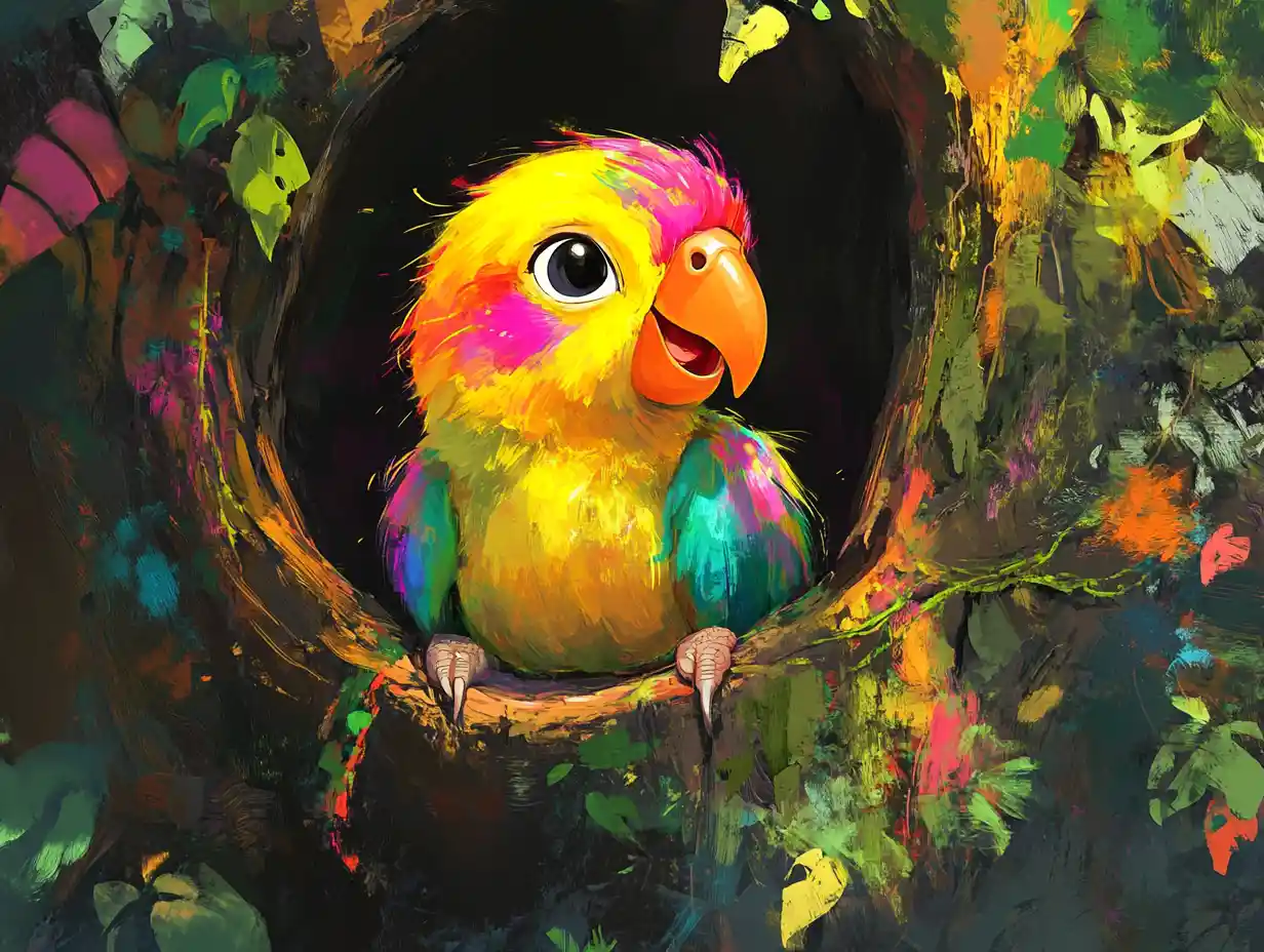 Joyful baby parrot in a hollow tree in rainforest