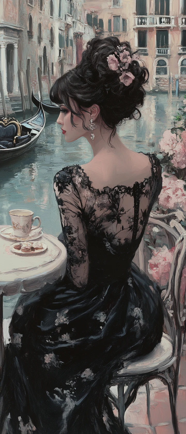Mujer elegante con vestido negro en mesa de café en Venecia
