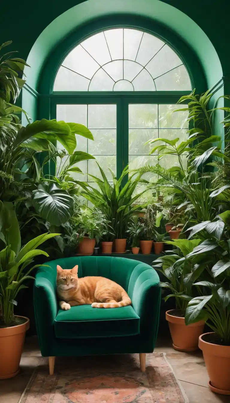 Orange getigerte Katze auf grünem Sessel in üppigem Pflanzenzimmer