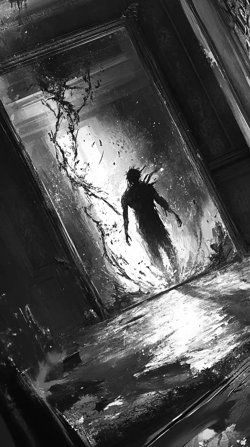 Shapeless demon emerging from a starry mirror in darkness