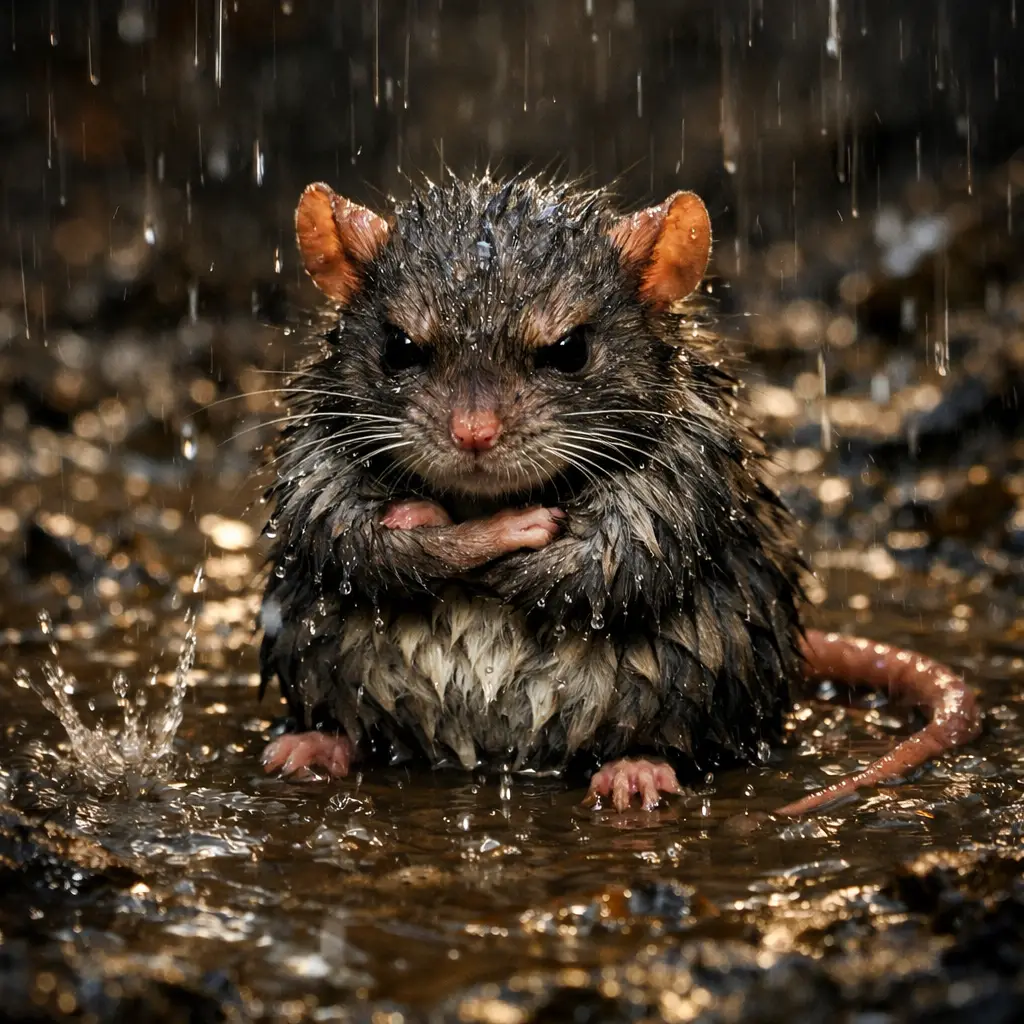 Grumpy wet rat sitting alone in a muddy puddle