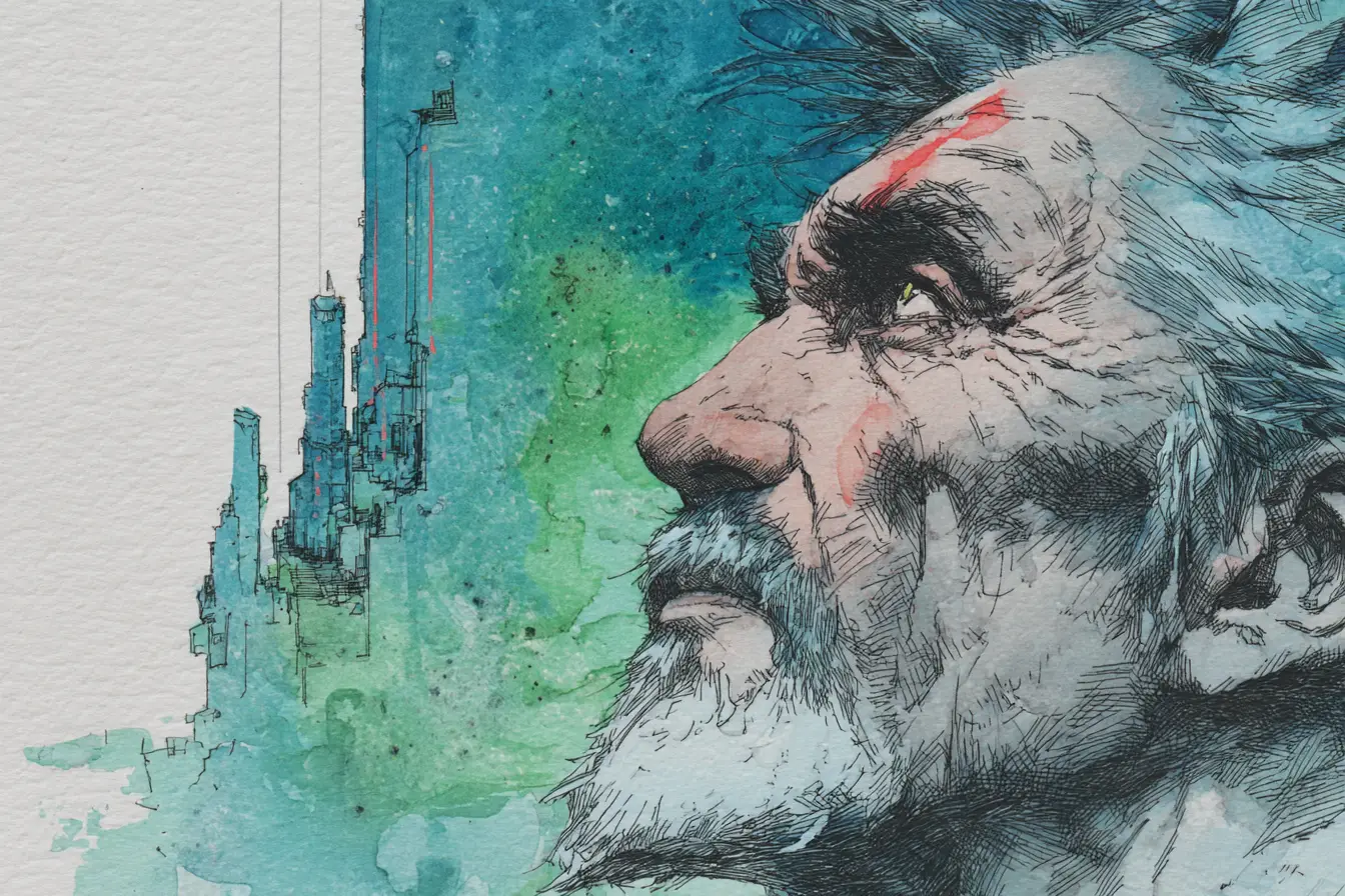Close up portrait of a broken man on alien shore