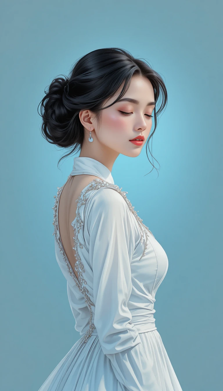 Giovane donna elegante in abito bianco con gli occhi serenamente chiusi