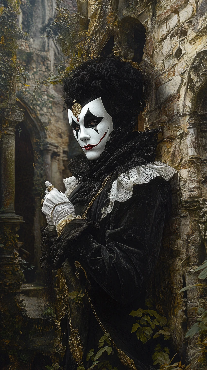 Harlequin In Black And White Amid Ancient Castle Ruins