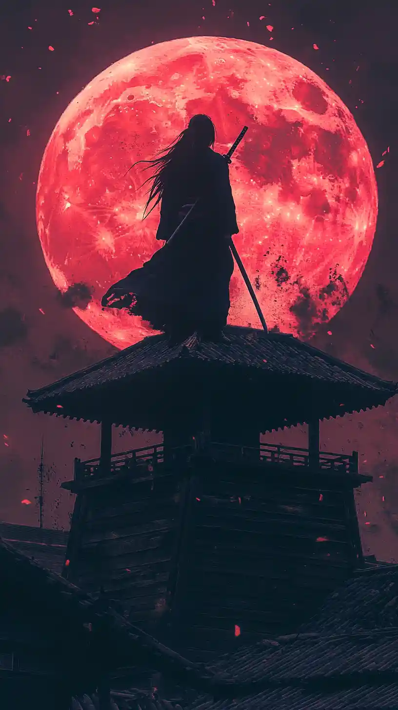 Samurai donna che protegge un villaggio sotto una luna rossa