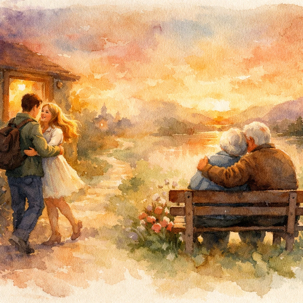 Romantic fantasy illustration of a man returning home