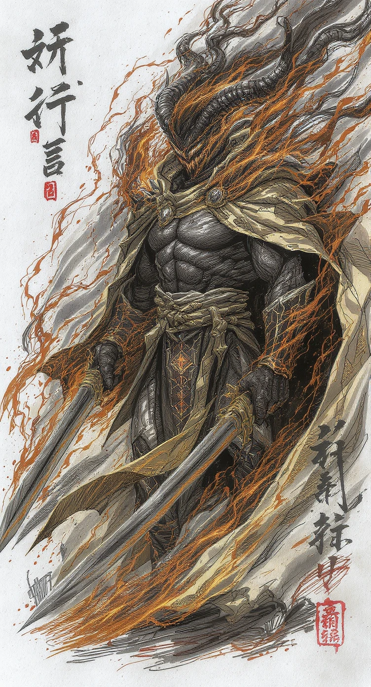 Demon ninja warrior wrapped in black fire magic