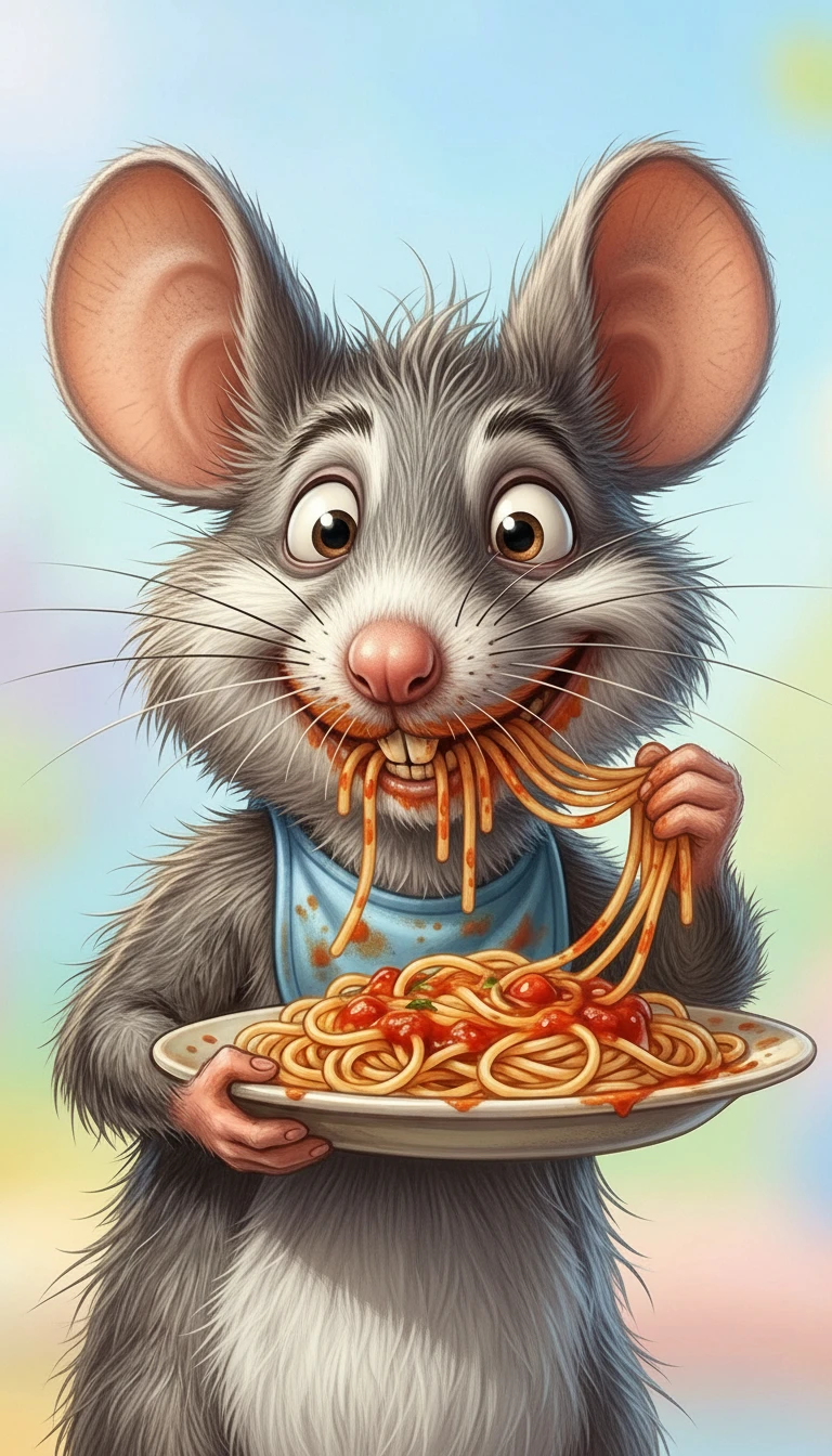 Topo dei cartoni che divora spaghetti su sfondo pastello