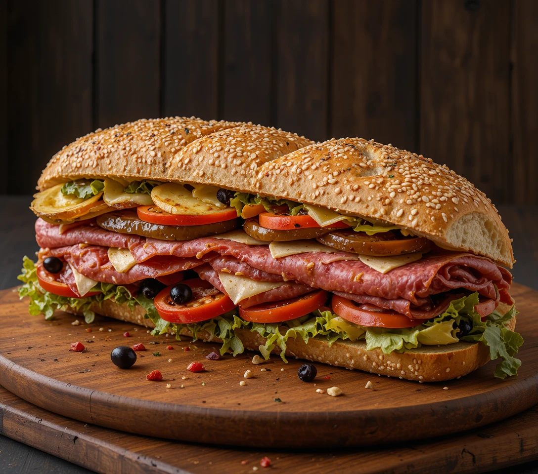 Large Italian sub sandwich on wooden carving board