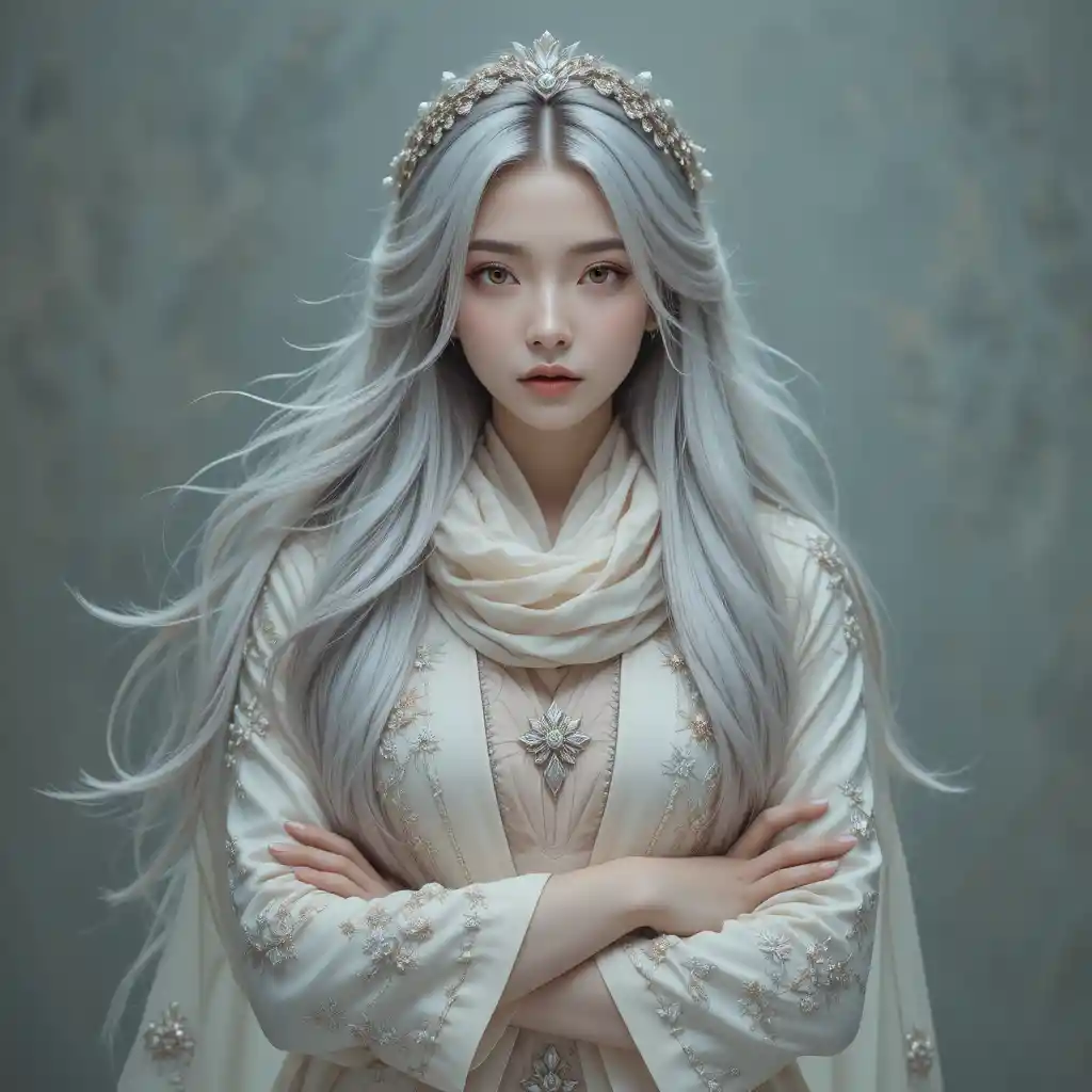 Young silver haired asian woman in ornate cream overcoat