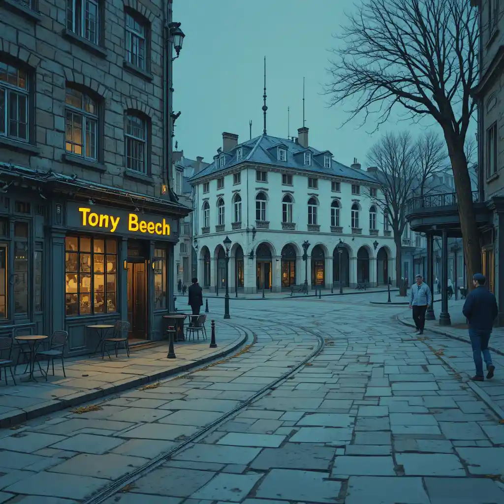 Quiet European street with glowing storefront and slick pavement