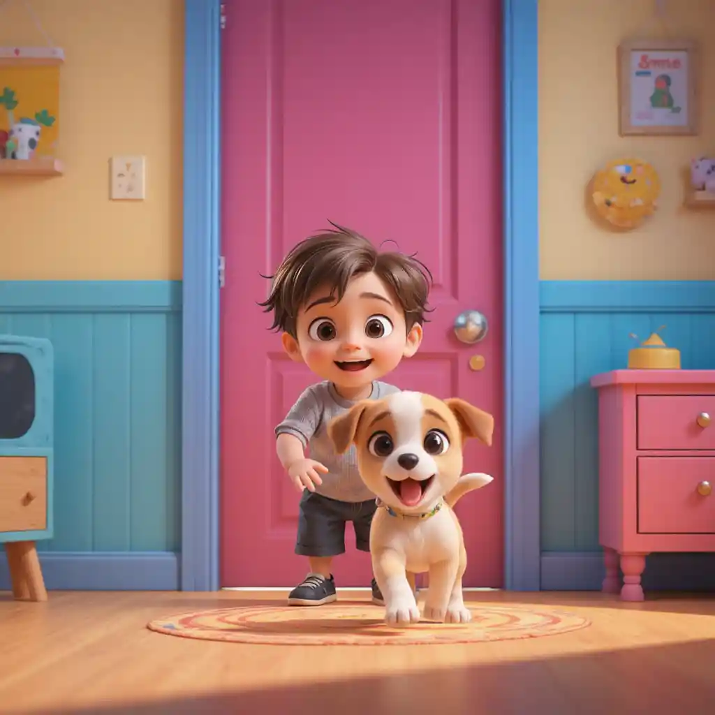 Niño curioso abriendo una puerta en un colorido cuarto infantil