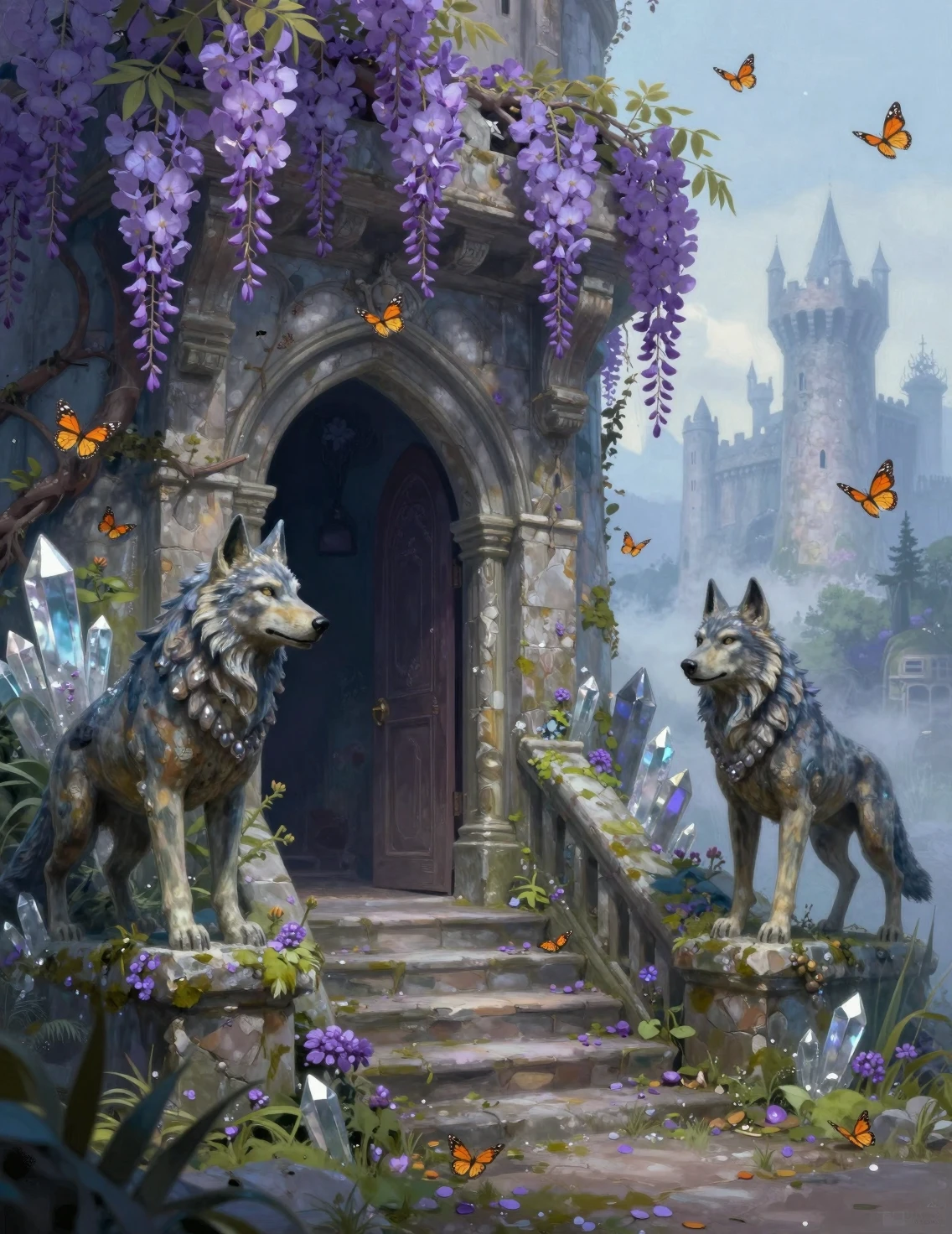 Entrada de castillo cubierta de vegetación con lobos y escalera de cristal