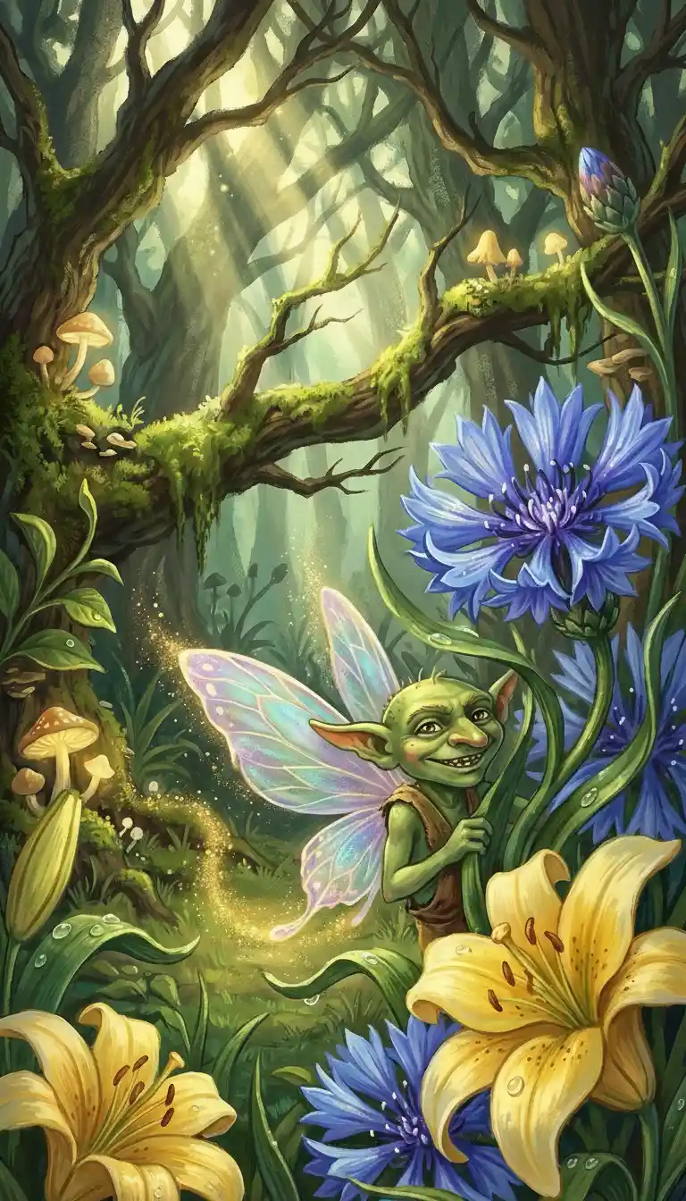 Mischievous Winged Goblin Hiding In Enchanted Forest Flowers