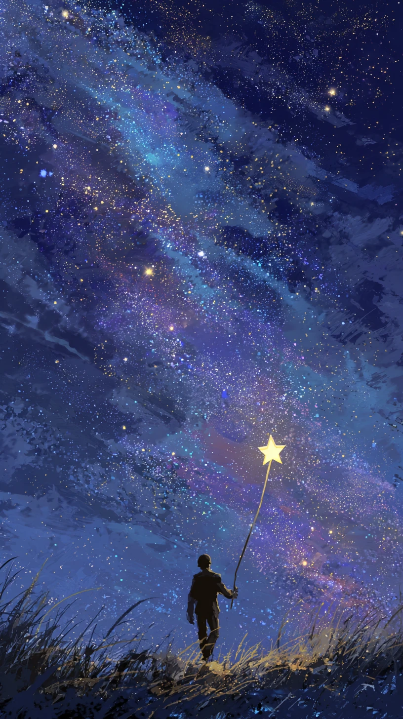 Homme Marchant sur une Colline Nocturne Tenant une Étoile Lumineuse