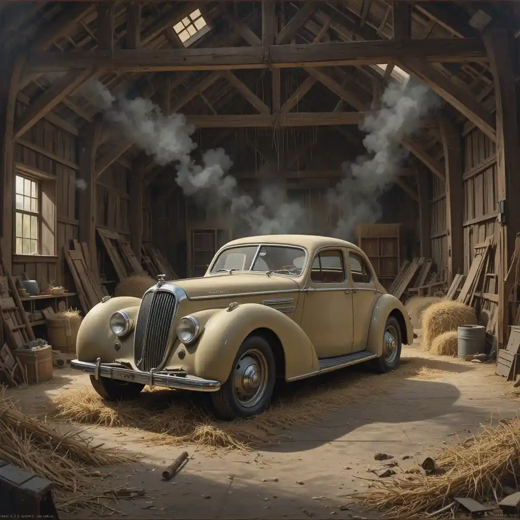 Ölgemälde eines Vintage-Autos in einer staubigen Scheune