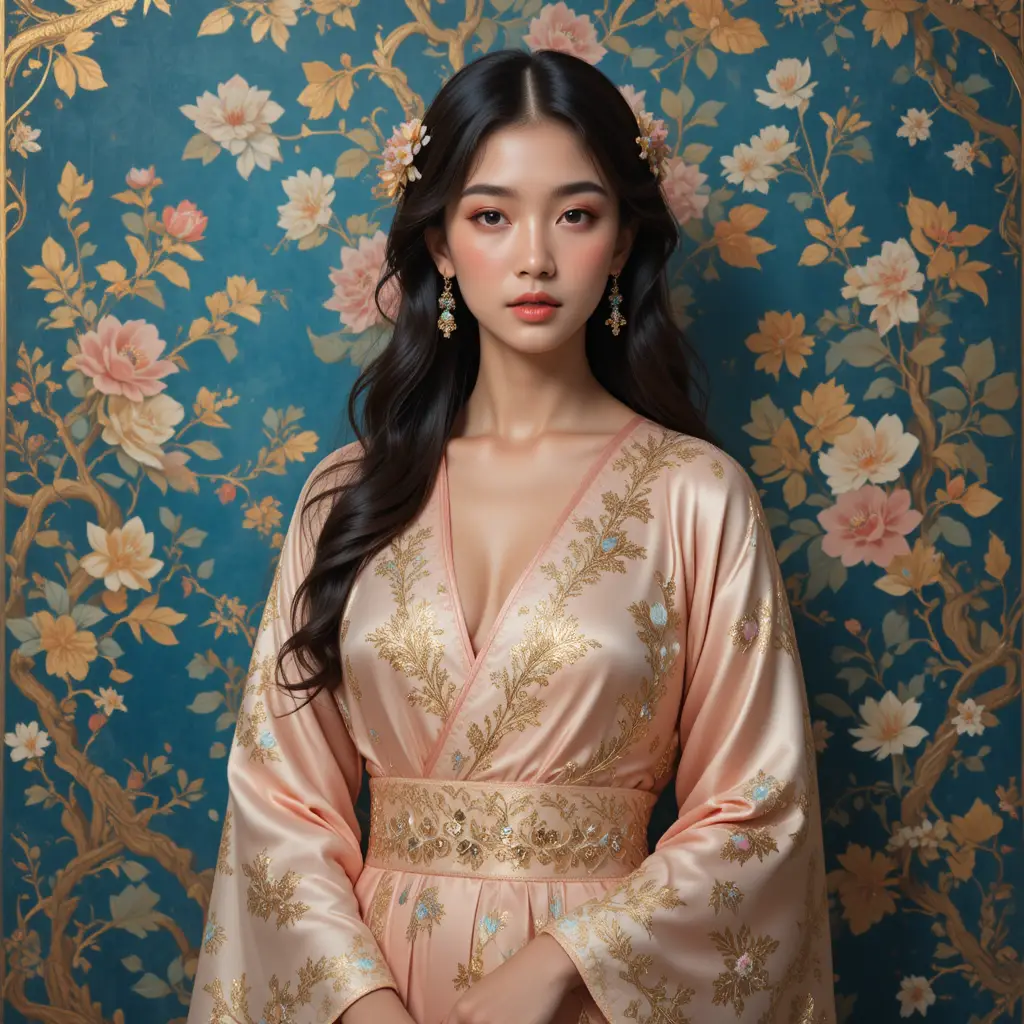 Elegant woman in floral kimono before blue and gold tapestry