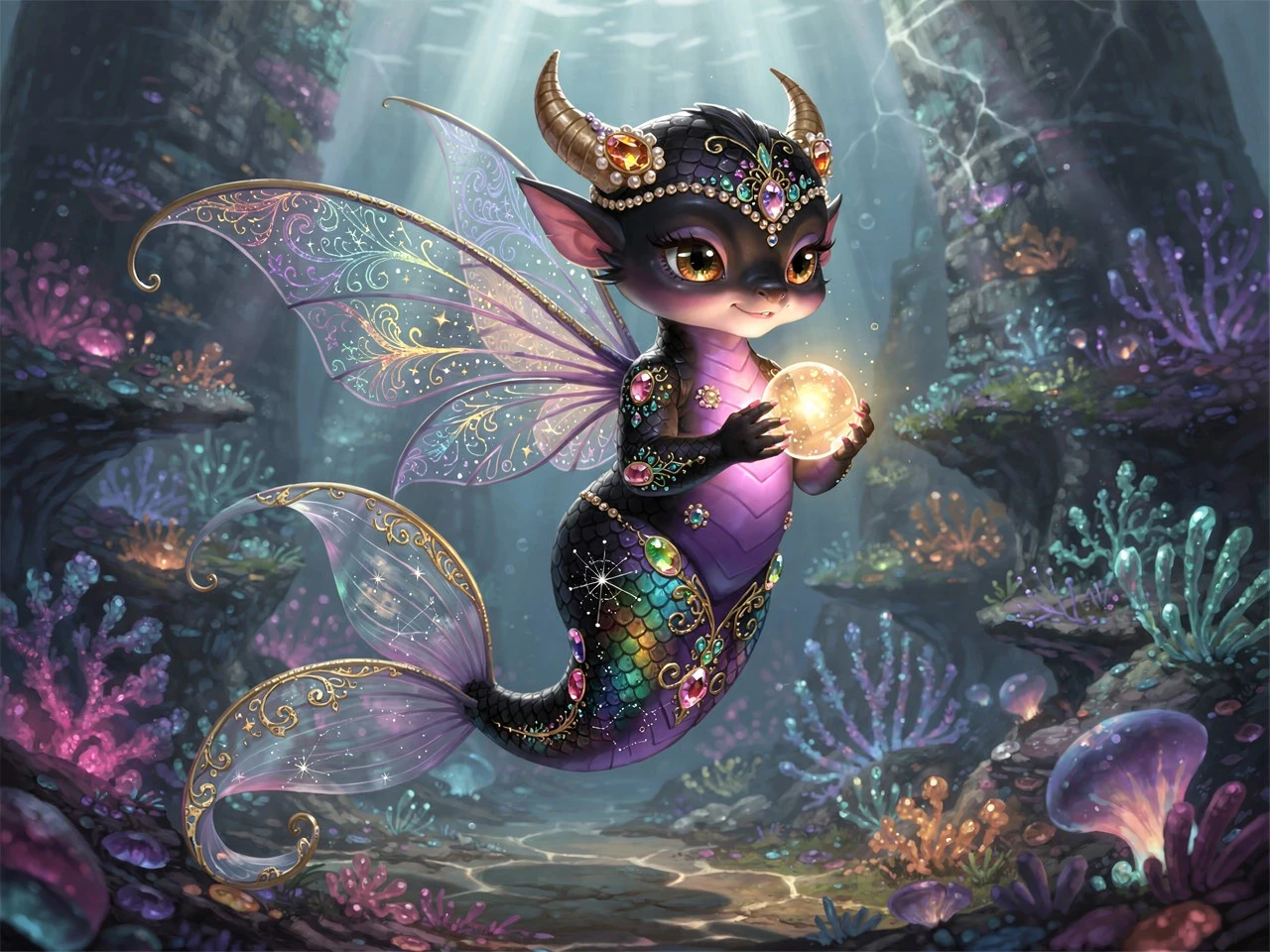 Iridescent baby dragon mermaid in enchanted underwater realm