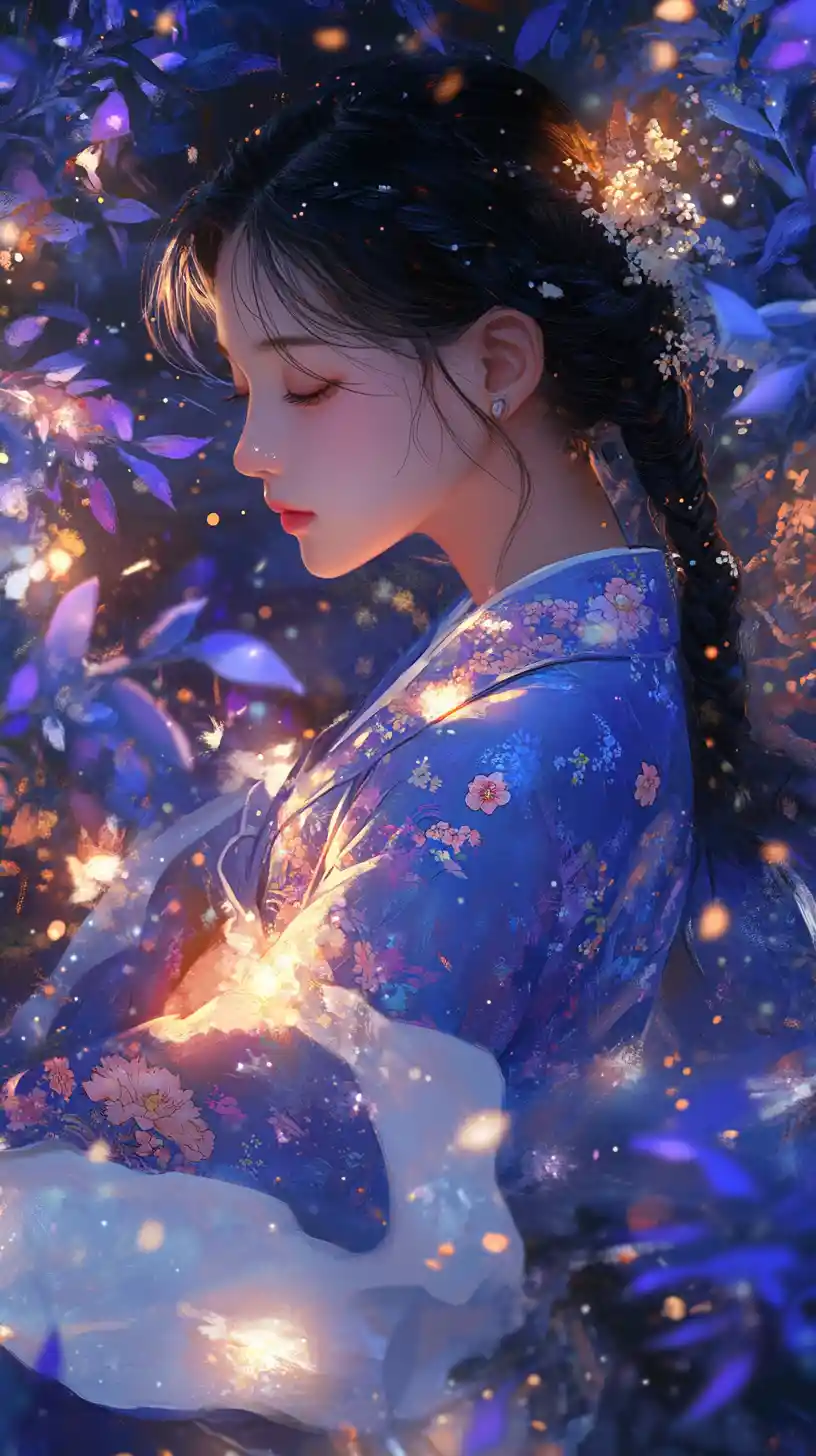 Serene girl in blue hanbok in glowing fantasy forest