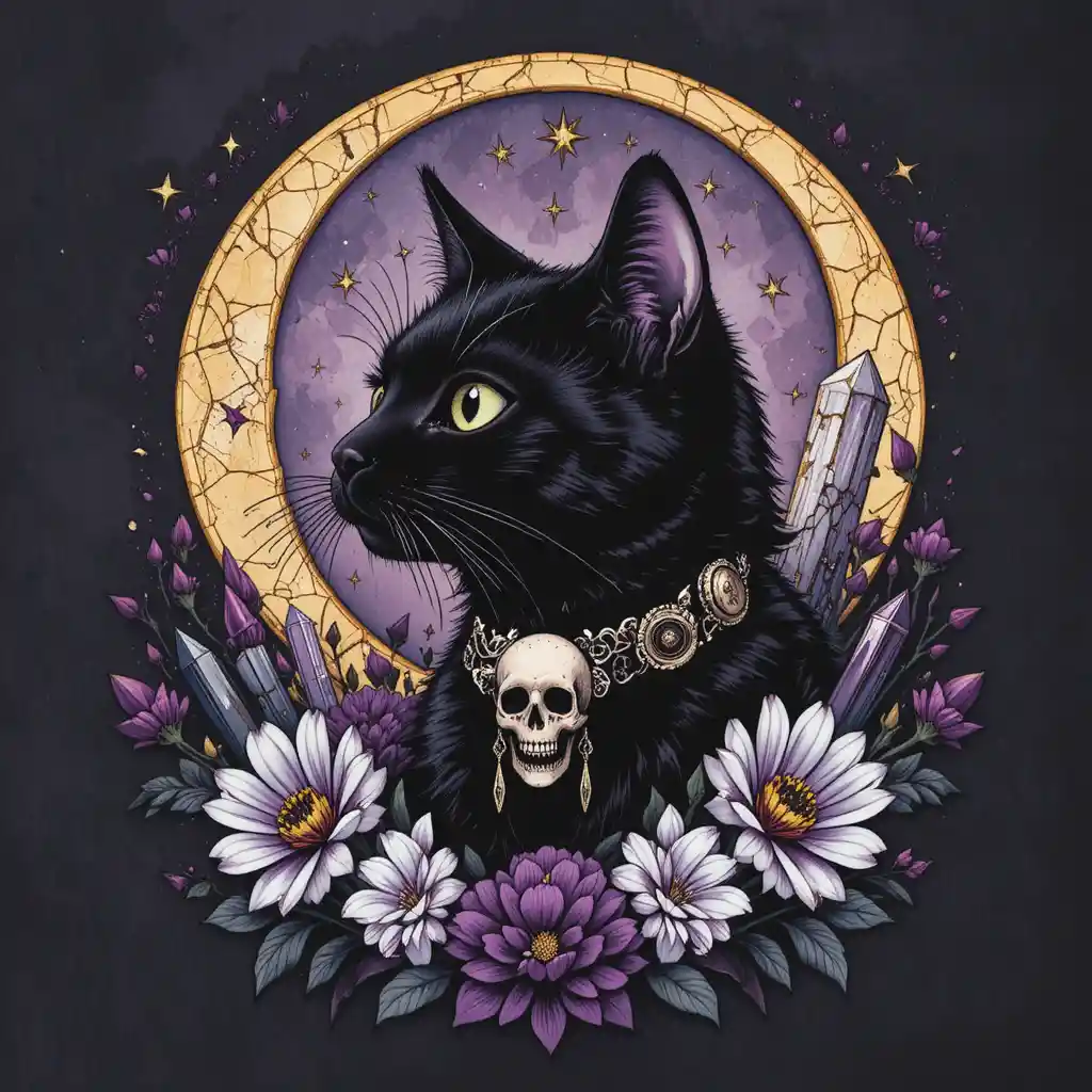 Black Cat Tattoo With Skull Collar And Mystic Elements