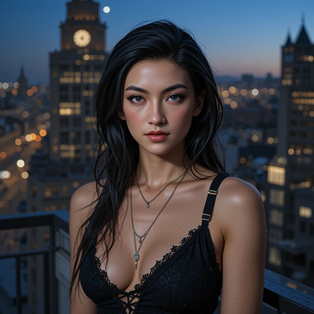 夜晚城市上方陽台上的中性風女子