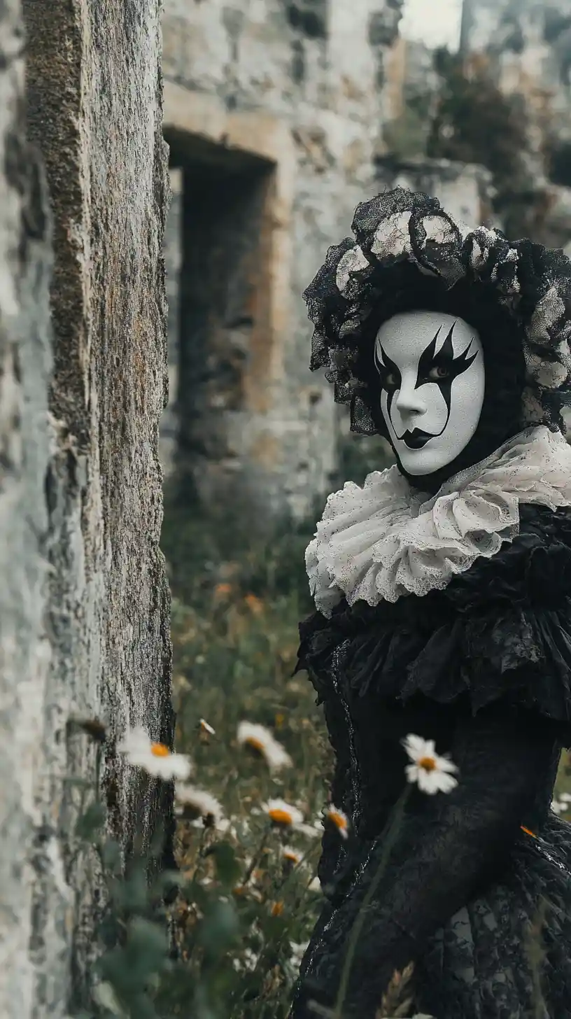 Harlequin in black and white amid ancient castle ruins