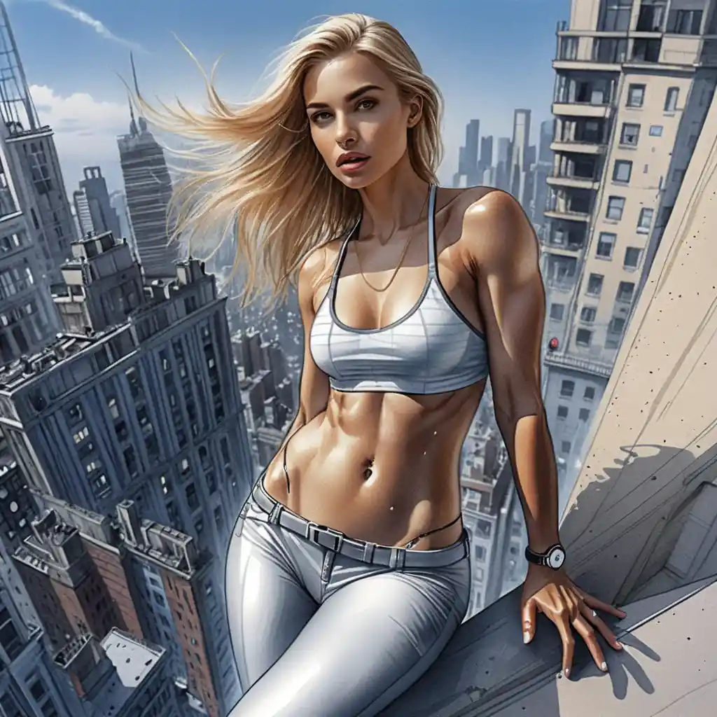 Muscular blonde heroine standing on a sunlit urban rooftop