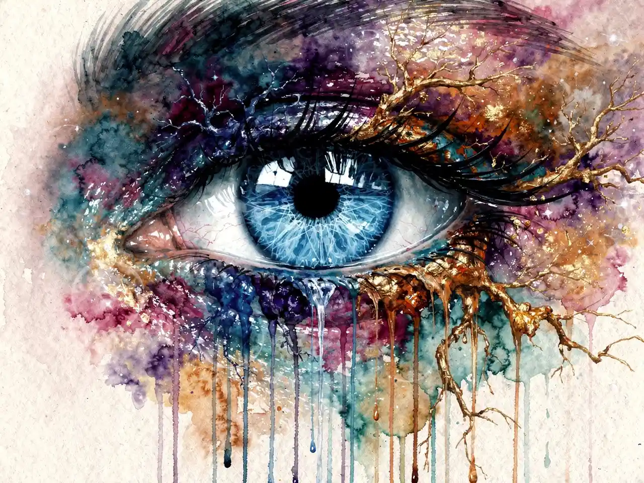 Primer plano surrealista de un ojo humano azul disolviéndose en color