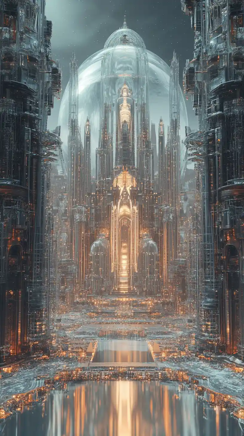 Palazzo di Vetro Futuristico che Si Eleva su uno Skyline Simmetrico