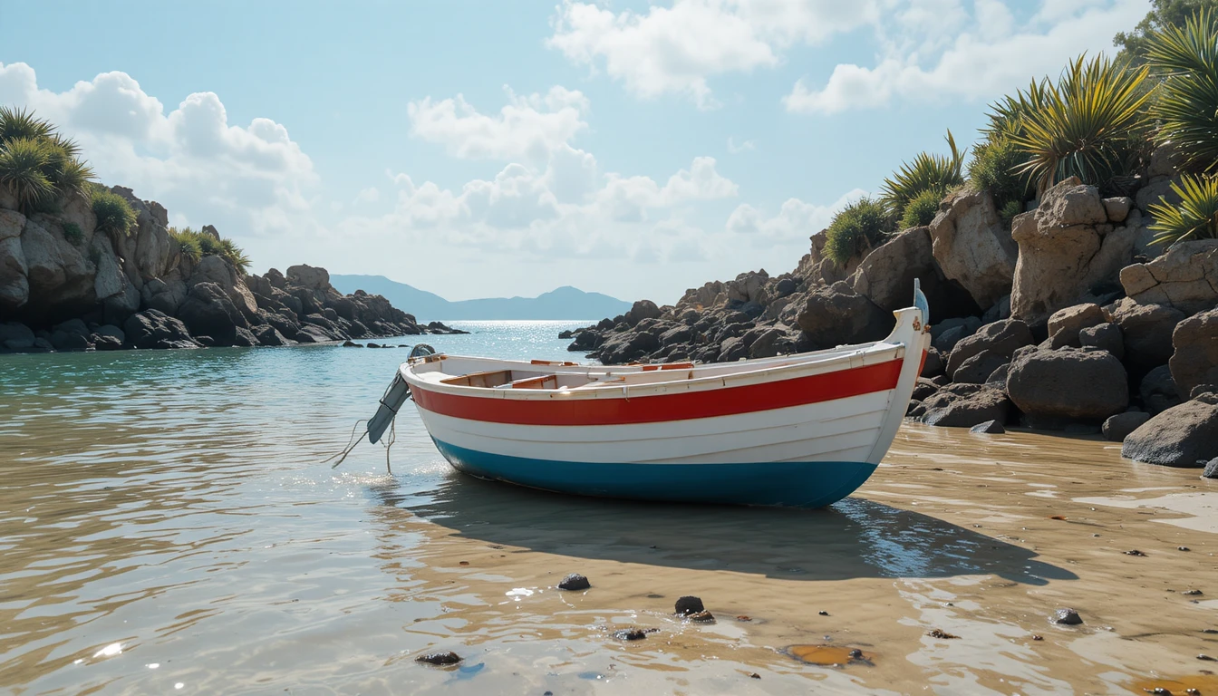 Piccola barca colorata su una spiaggia sabbiosa accanto a una costa rocciosa