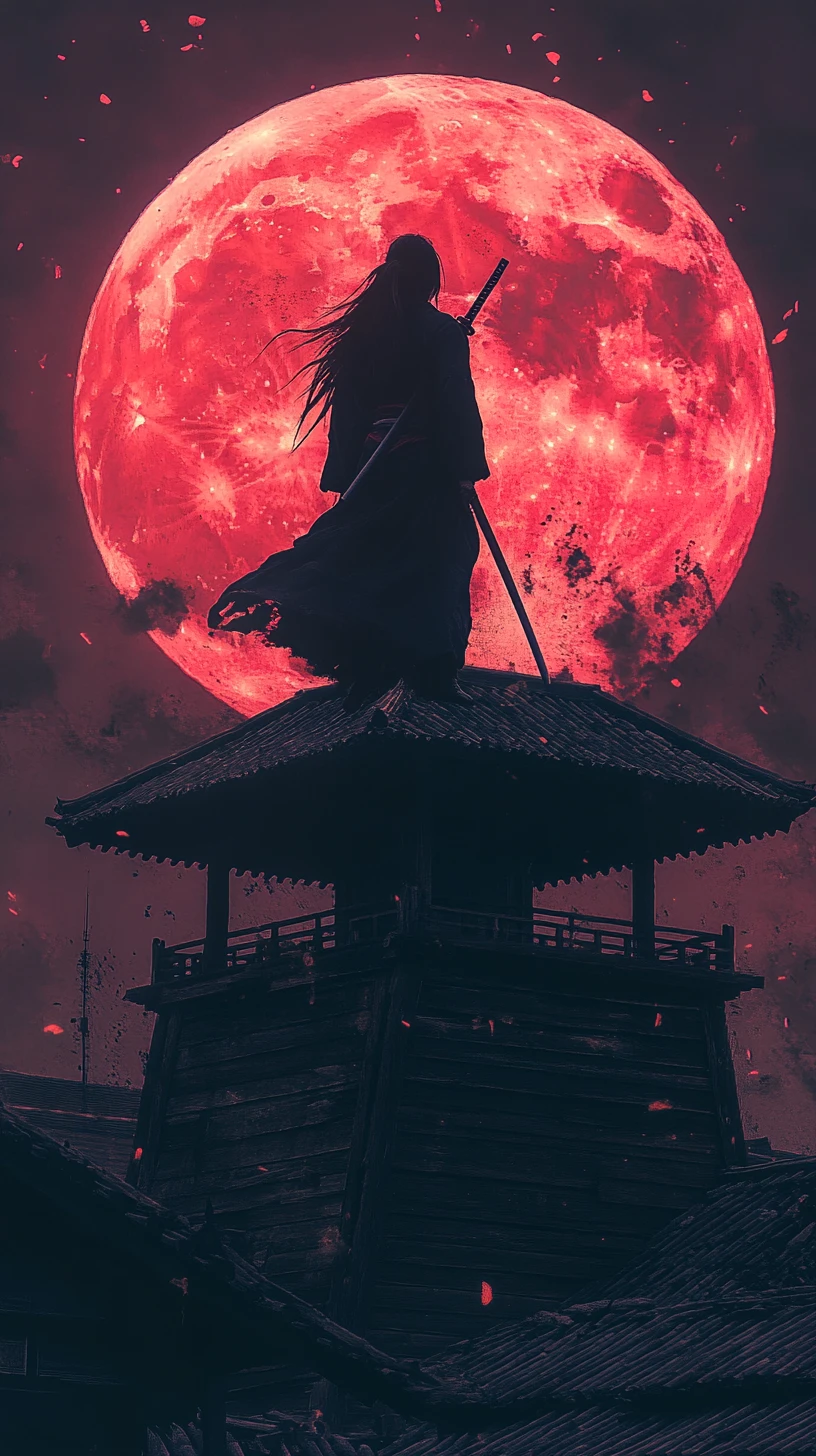赤い月の下で村を守る女侍