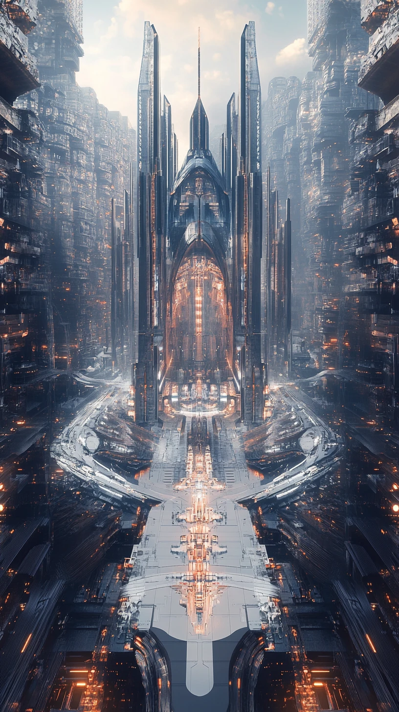 Palácio de vidro futurista erguendo-se sobre uma cidade moderna