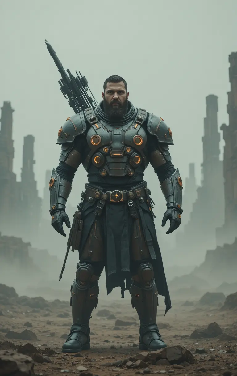 Armored archer warrior in misty futuristic ruined cityscape