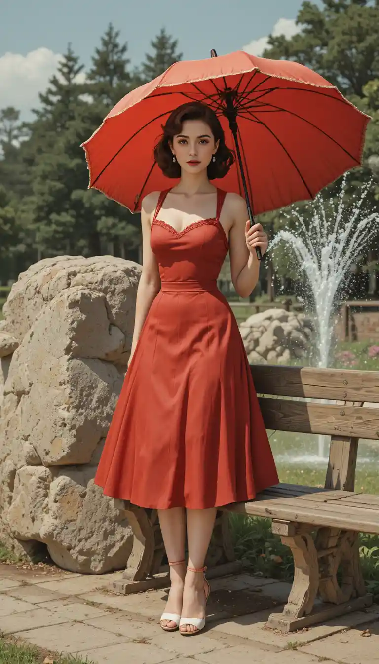 簡約公園長椅旁的俏皮復古 Pin-up 女郎