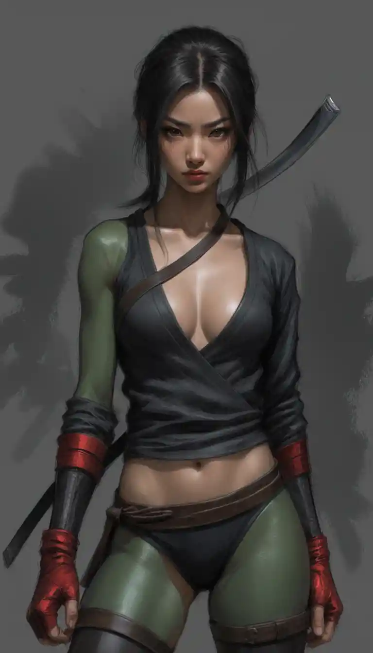 Guerreira asiática musculosa com katana na névoa escura