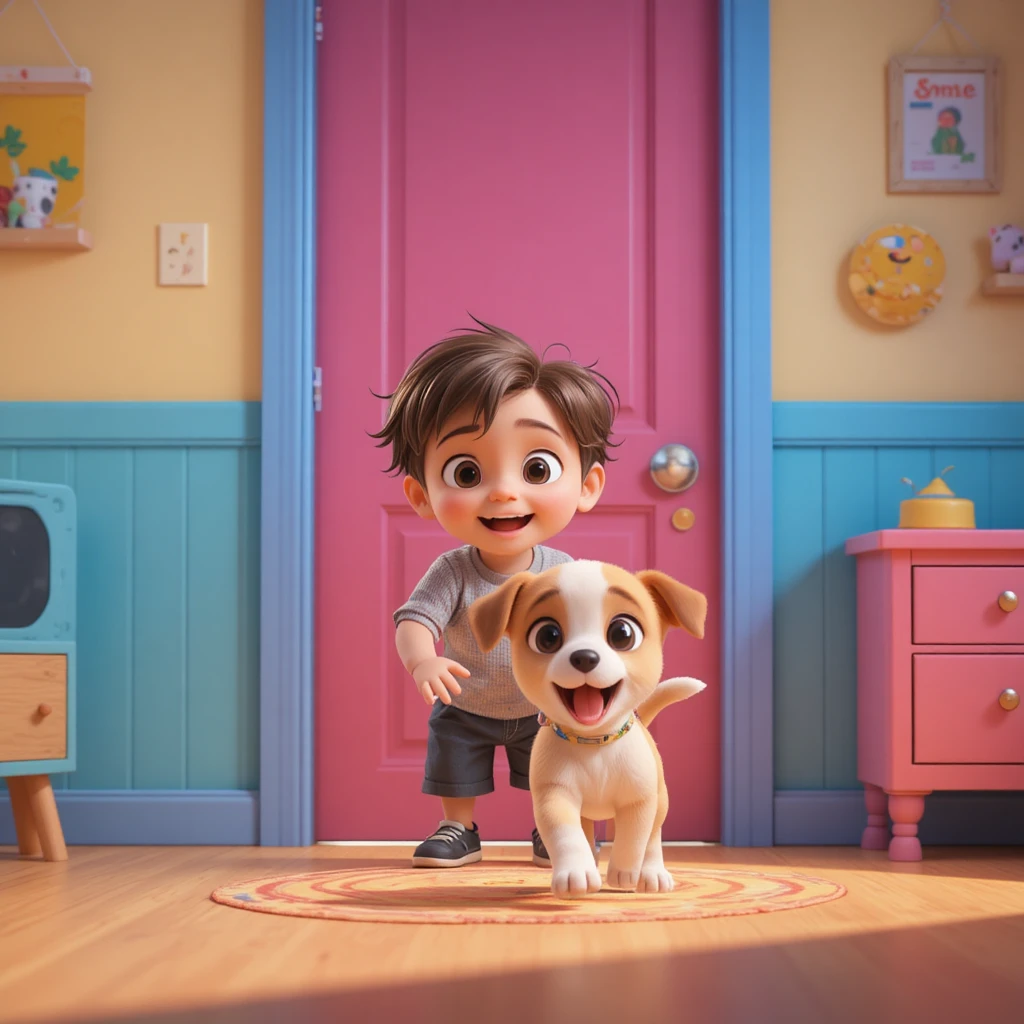 Niño curioso abriendo una puerta en un colorido cuarto infantil