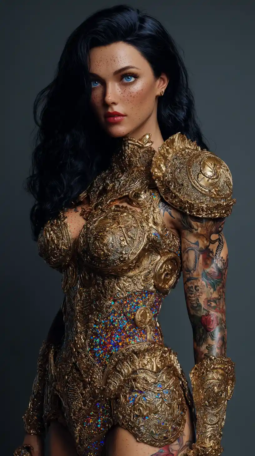 Muscular Arabian sci fi warrior woman in golden armor