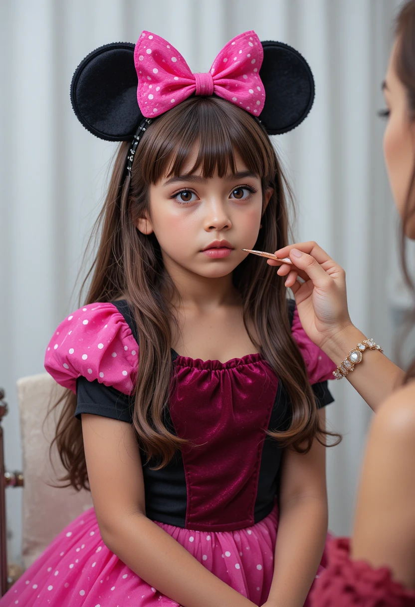 Niño con vestido rosa al que le aplican maquillaje con nerviosismo