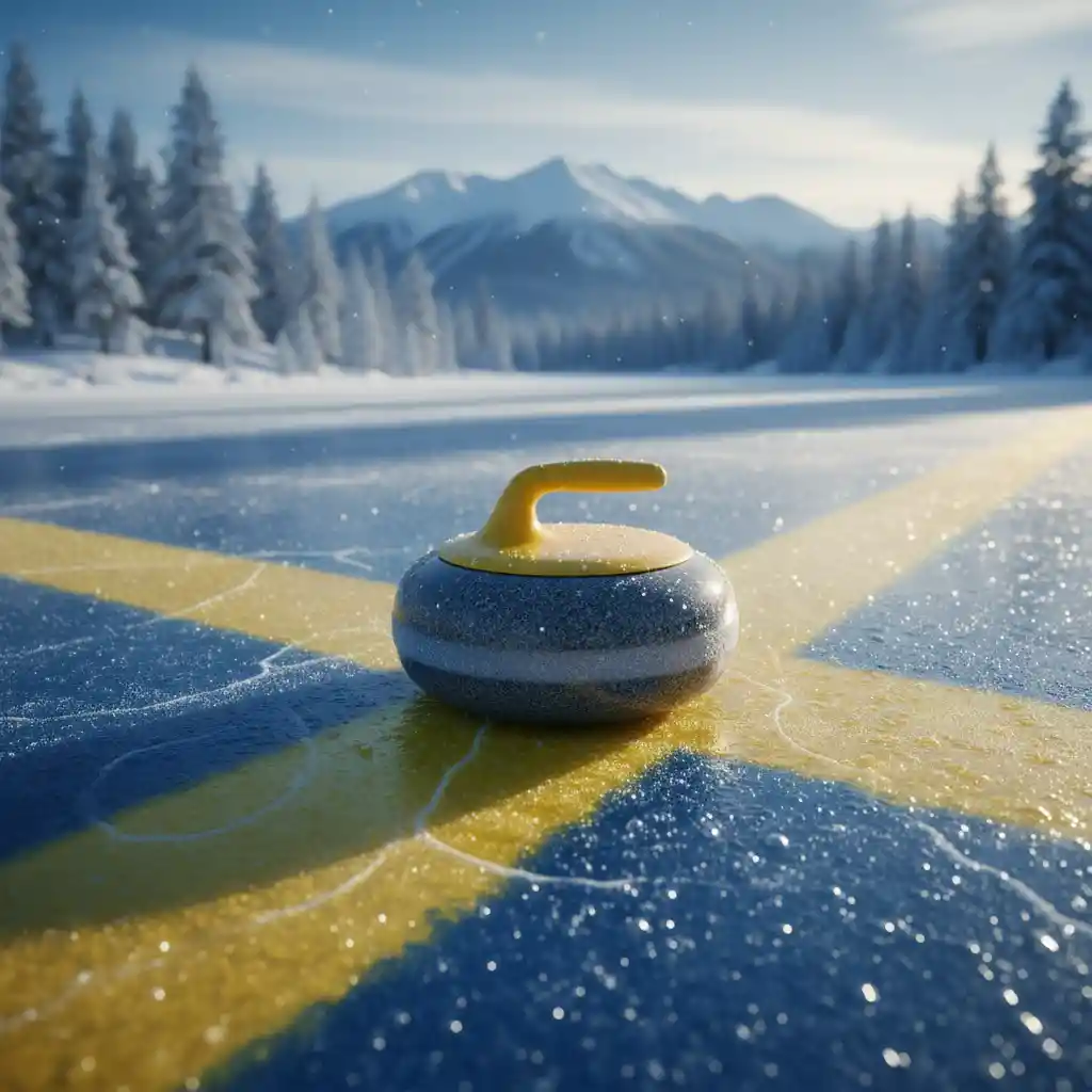 Swedish curling stone resting on a frozen winter ice rink